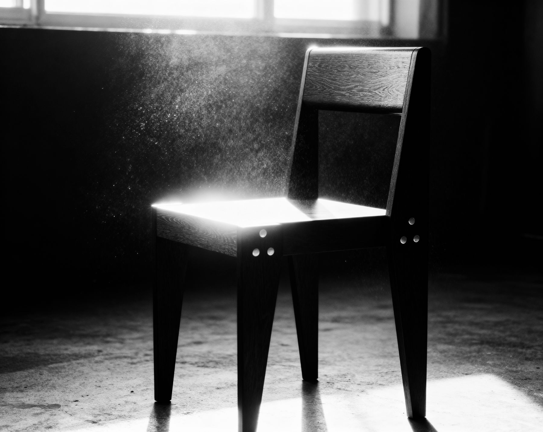 The Chair in a beam of window light, dust in the air and the grain of the seat lit up