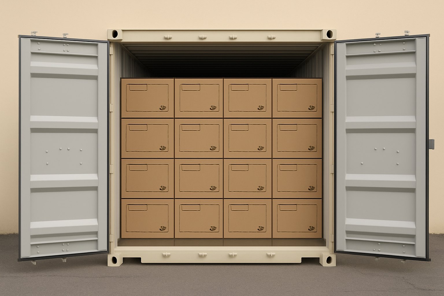 Illustration of a shipping container filled with sixteen large boxes of assembled chairs