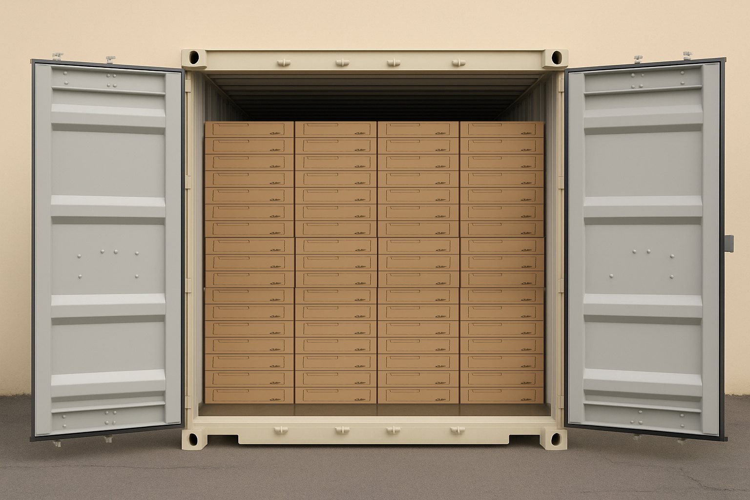 Illustration of the same container filled with dozens of thin boxes of flat-packed chairs