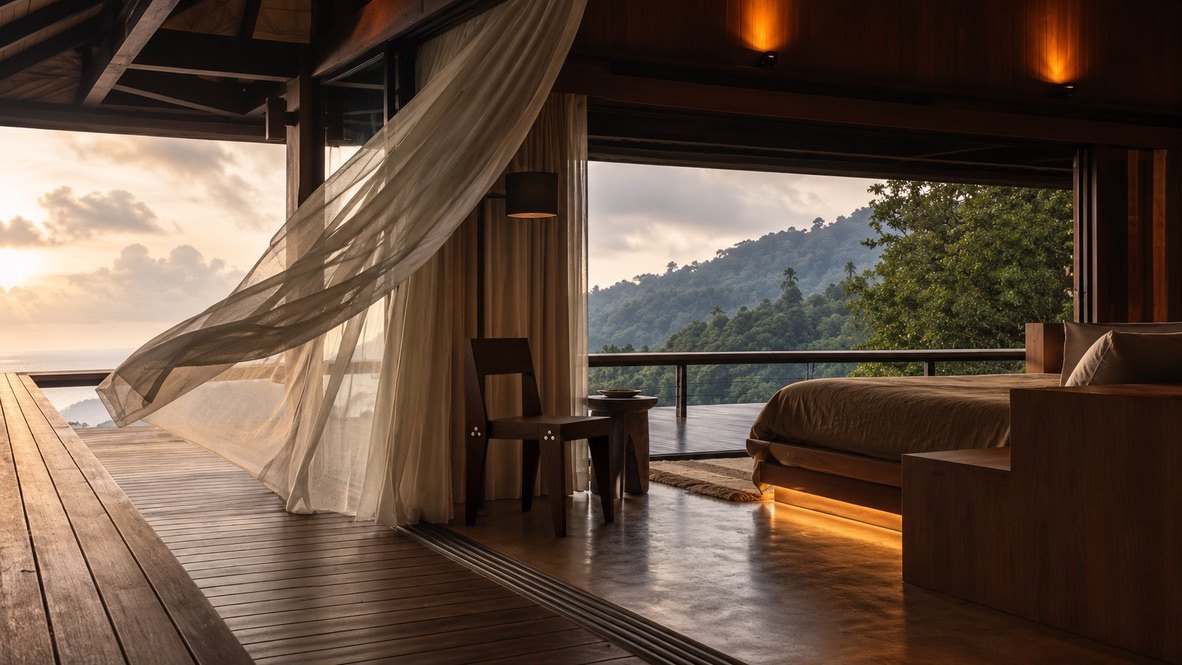 The Chair in an open hotel room above the jungle at sunset, a curtain lifting in the breeze and the sea in the distance.