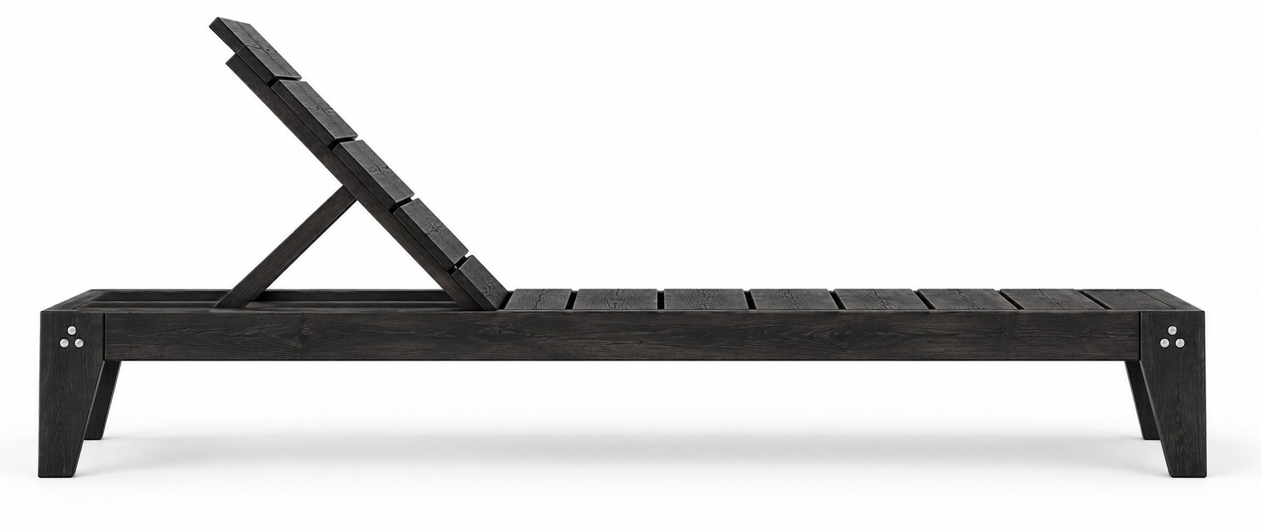 The Sun Lounger from the side, the backrest raised on its support strut and bolt clusters at each end