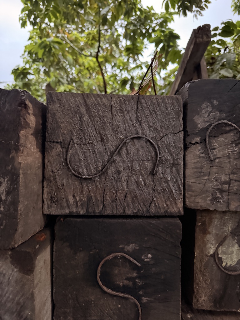 The ends of old ulin beams stacked under trees, with S-shaped irons hammered into them