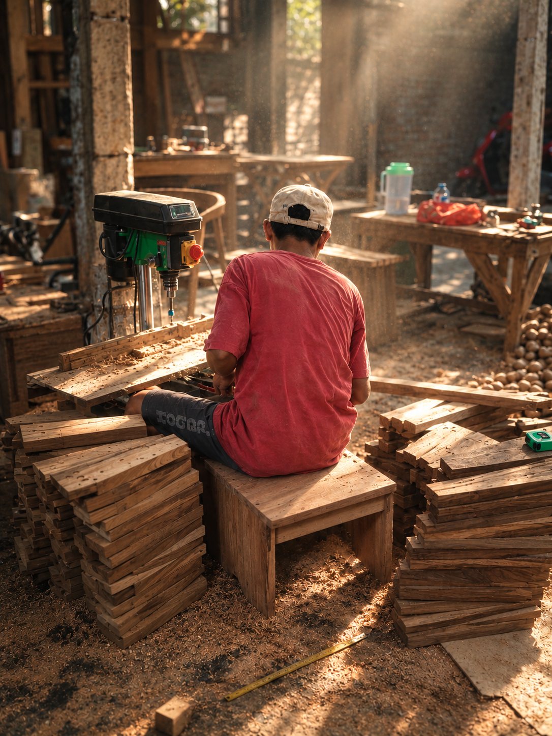 A maker in a red T-shirt sitting on a teak stool at a pillar drill, surrounded by stacks of repurposed teak boards with old holes, sawdust in the afternoon light